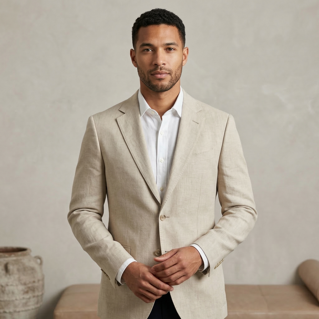 Men's Beige Cotton Linen Premium Blazer