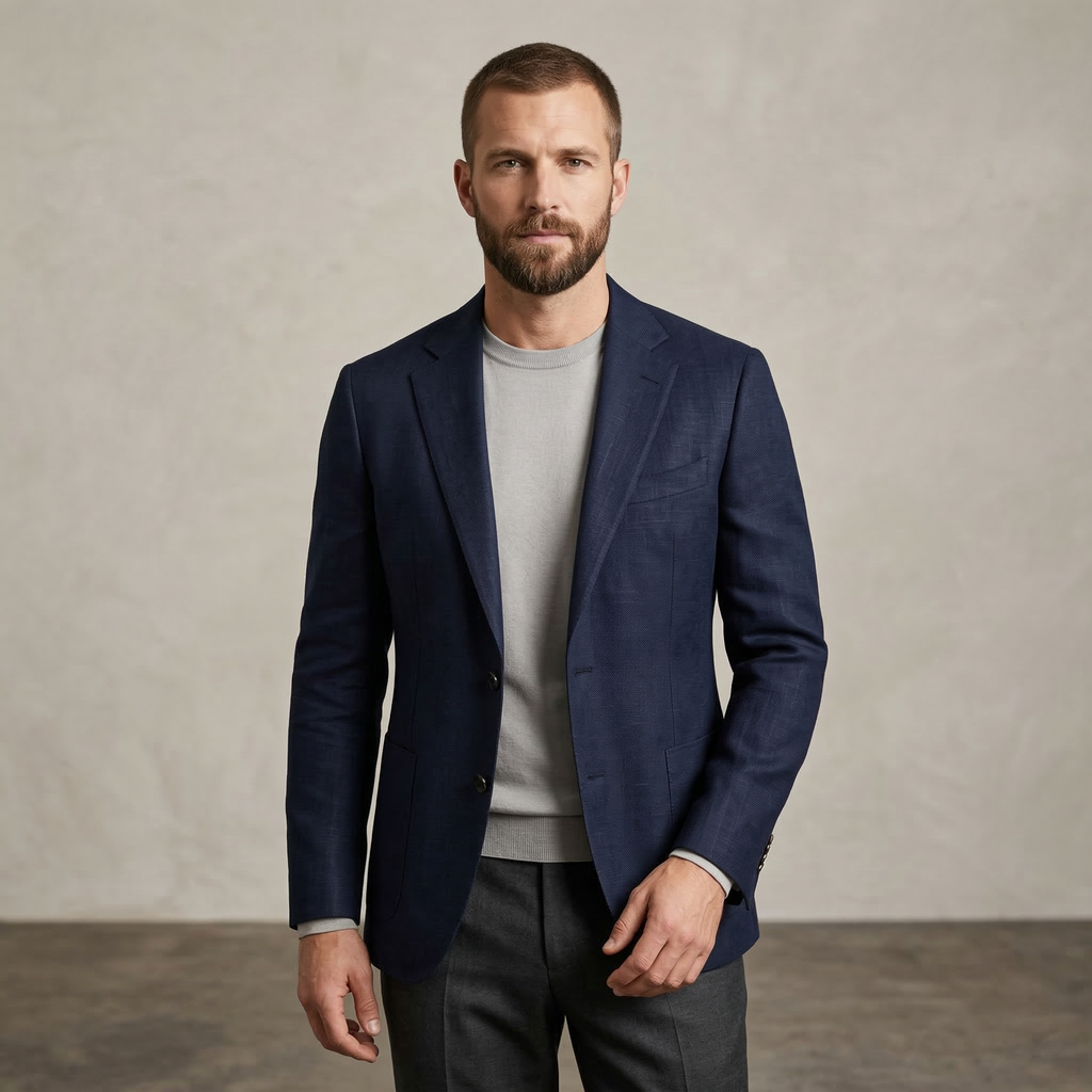 Men's Navy Blue Cotton Linen Premium Blazer